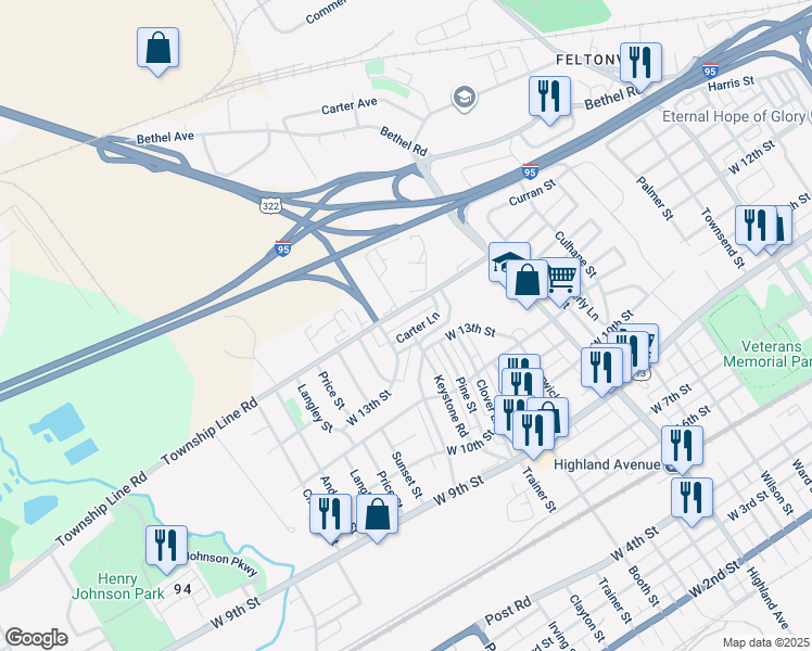 map of restaurants, bars, coffee shops, grocery stores, and more near 3400 Carter Ln in Chester