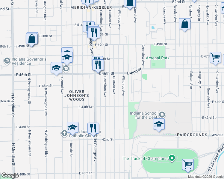 map of restaurants, bars, coffee shops, grocery stores, and more near 4525 Carrollton Avenue in Indianapolis
