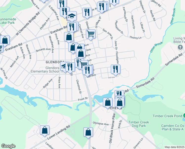 map of restaurants, bars, coffee shops, grocery stores, and more near 25 5th Avenue in Camden County