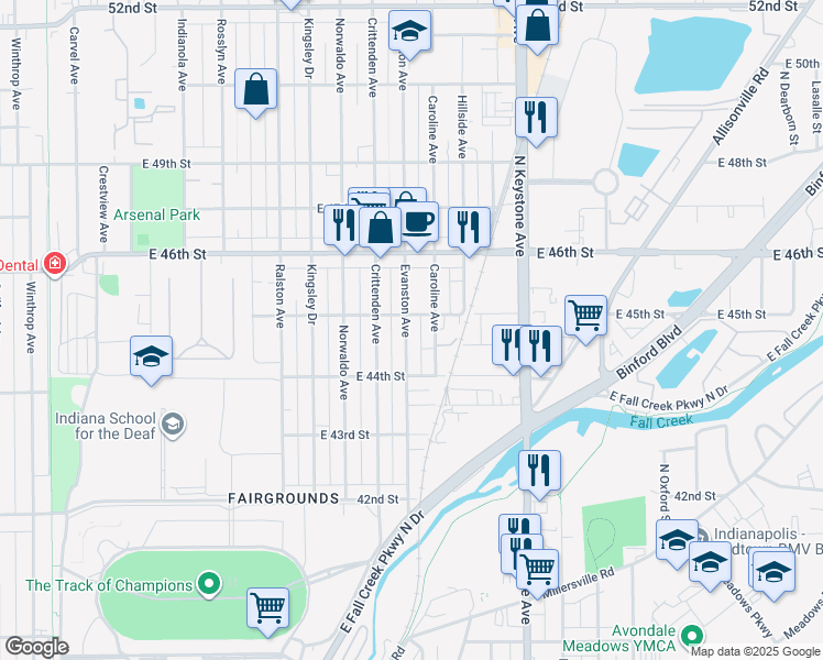 map of restaurants, bars, coffee shops, grocery stores, and more near 4502 Evanston Avenue in Indianapolis