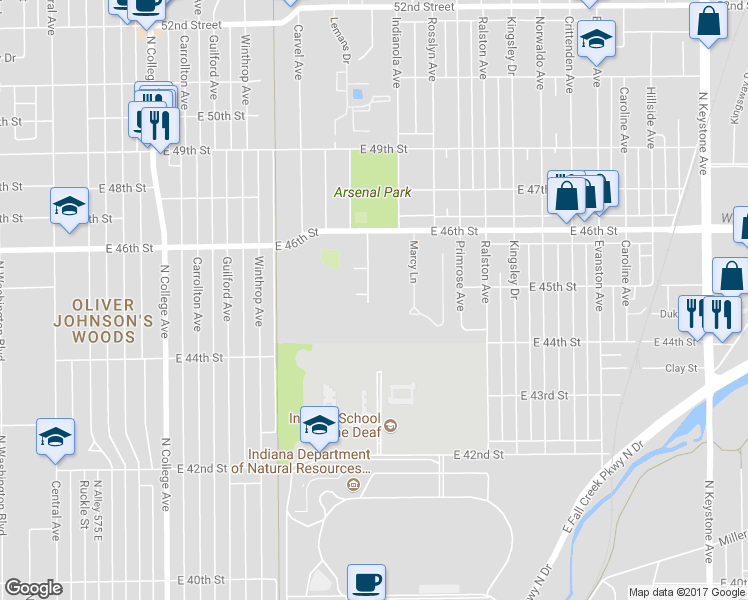 map of restaurants, bars, coffee shops, grocery stores, and more near 4455 Indianola Avenue in Indianapolis