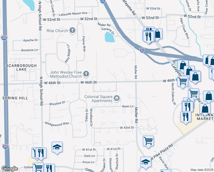 map of restaurants, bars, coffee shops, grocery stores, and more near 5630 West 46th Street in Indianapolis