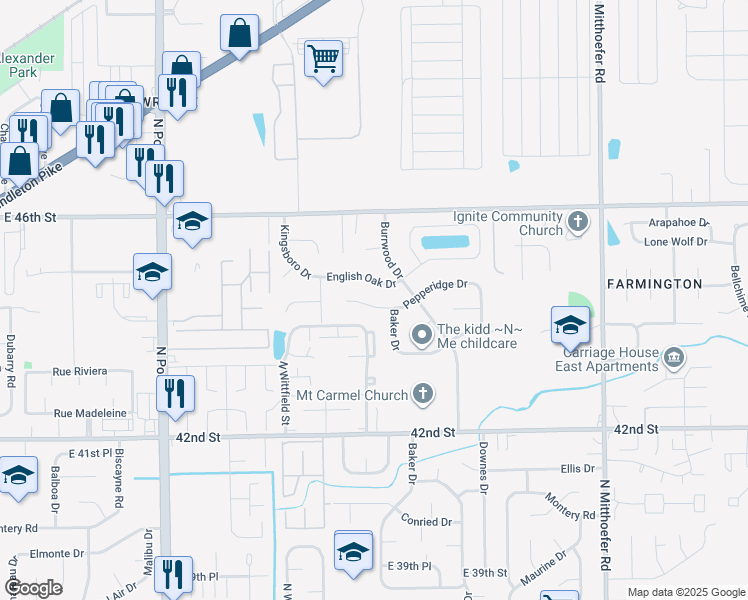 map of restaurants, bars, coffee shops, grocery stores, and more near 9449 English Oak Drive in Indianapolis