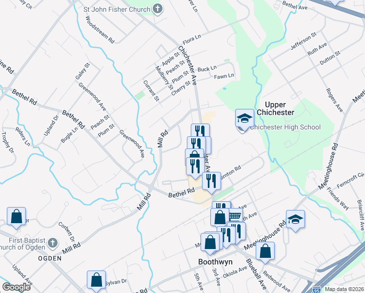 map of restaurants, bars, coffee shops, grocery stores, and more near 218 Jacqueline Drive in Boothwyn