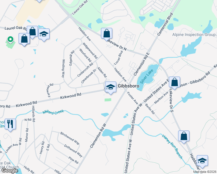map of restaurants, bars, coffee shops, grocery stores, and more near 1 Alden Road in Gibbsboro