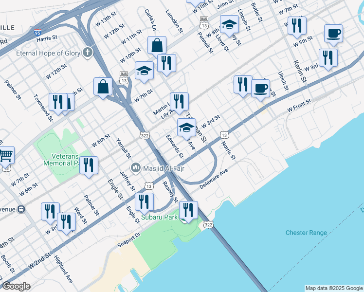 map of restaurants, bars, coffee shops, grocery stores, and more near 1621 West 3rd Street in Chester