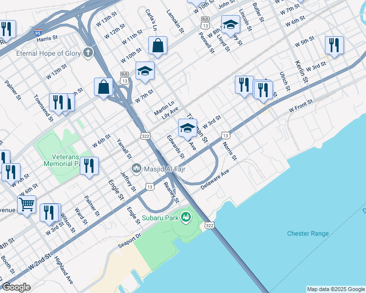 map of restaurants, bars, coffee shops, grocery stores, and more near 1621 West 3rd Street in Chester