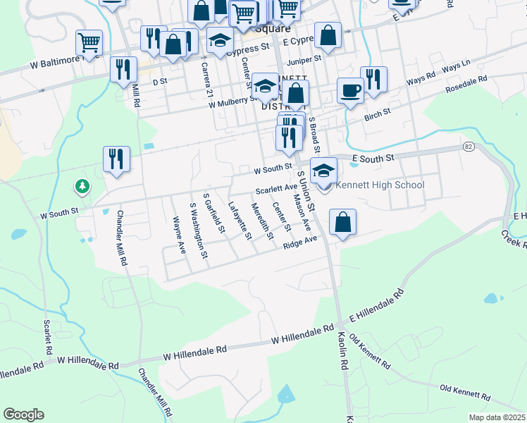 map of restaurants, bars, coffee shops, grocery stores, and more near 707 Meredith Street in Kennett Square