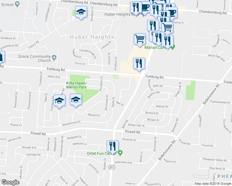 map of restaurants, bars, coffee shops, grocery stores, and more near 5824 Resik Drive in Dayton