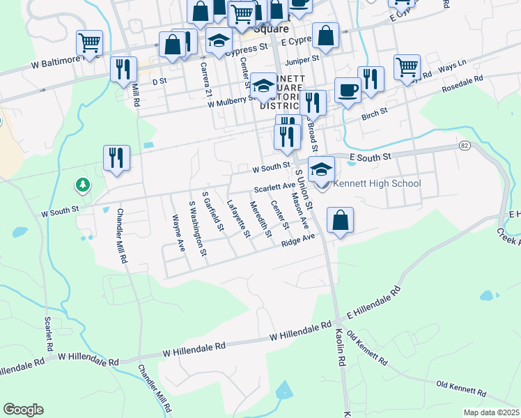 map of restaurants, bars, coffee shops, grocery stores, and more near 707 Meredith Street in Kennett Square