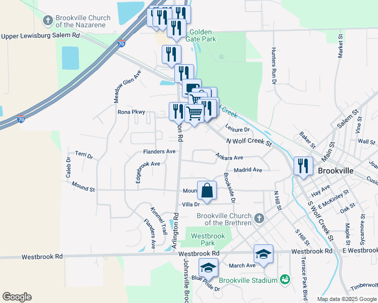 map of restaurants, bars, coffee shops, grocery stores, and more near 425 Arlington Road in Brookville