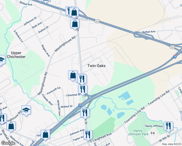 map of restaurants, bars, coffee shops, grocery stores, and more near 101 Washington Avenue in Upper Chichester