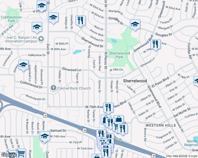 map of restaurants, bars, coffee shops, grocery stores, and more near 1725 Elmwood Lane in Denver