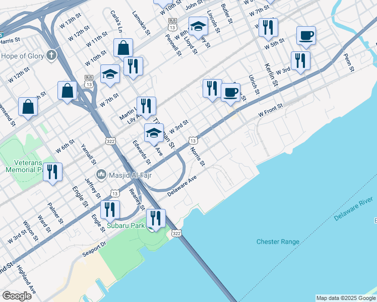 map of restaurants, bars, coffee shops, grocery stores, and more near 1401 West 2nd Street in Chester
