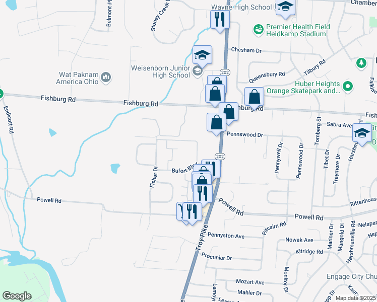 map of restaurants, bars, coffee shops, grocery stores, and more near 4599 Bufort Boulevard in Huber Heights