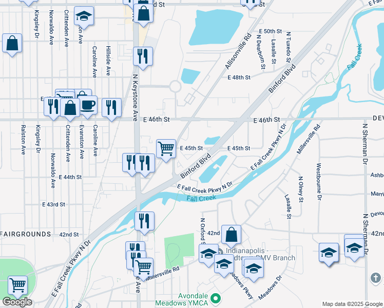 map of restaurants, bars, coffee shops, grocery stores, and more near 2618 East 45th Street in Indianapolis