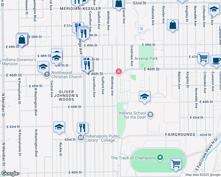map of restaurants, bars, coffee shops, grocery stores, and more near 4525 Guilford Avenue in Indianapolis