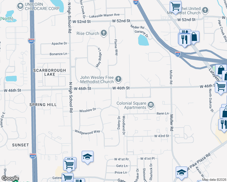 map of restaurants, bars, coffee shops, grocery stores, and more near 5930 West 46th Street in Indianapolis