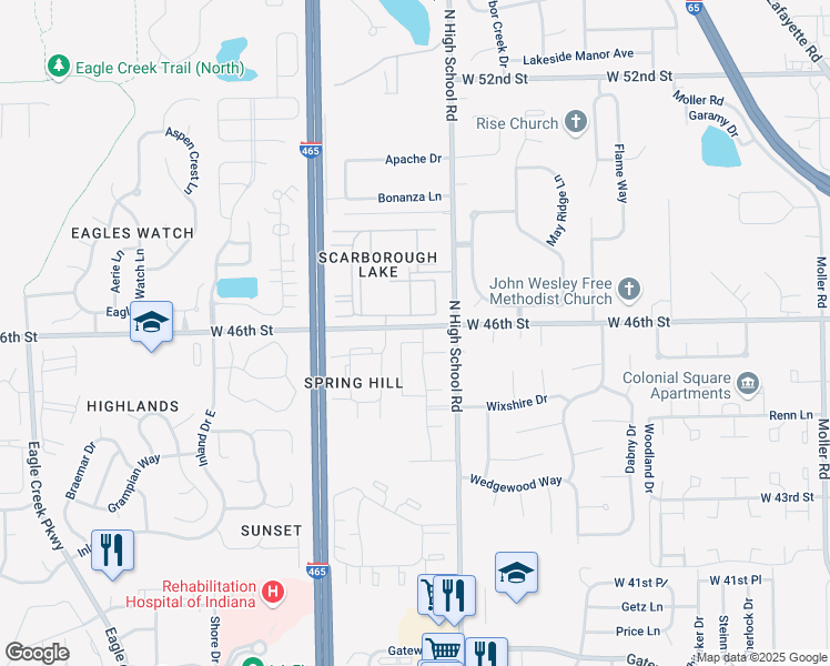 map of restaurants, bars, coffee shops, grocery stores, and more near 6401-6433 Whitehaven Road in Indianapolis