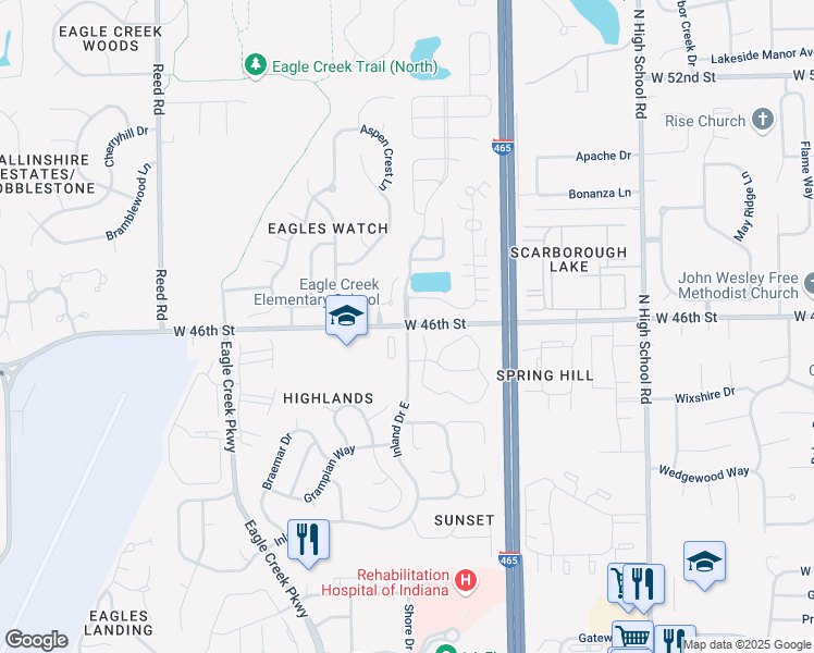 map of restaurants, bars, coffee shops, grocery stores, and more near 4615 Owls Nest Place in Indianapolis