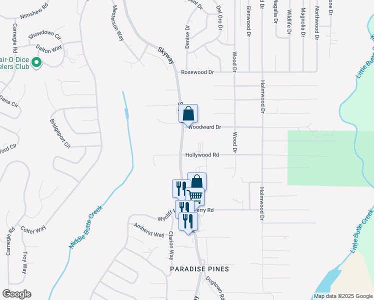 map of restaurants, bars, coffee shops, grocery stores, and more near 14590 Skyway Road in Magalia