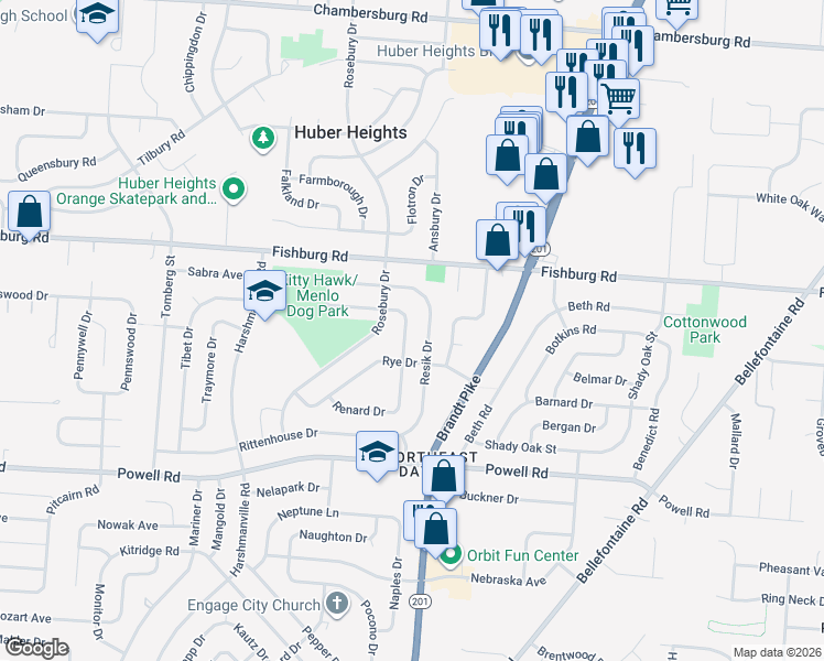 map of restaurants, bars, coffee shops, grocery stores, and more near 5841 Rousseau Drive in Dayton
