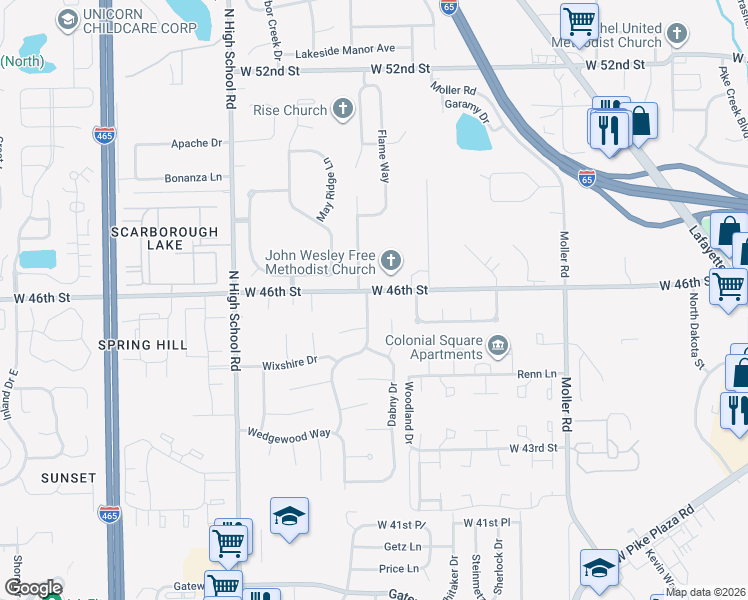 map of restaurants, bars, coffee shops, grocery stores, and more near 5930 West 46th Street in Indianapolis