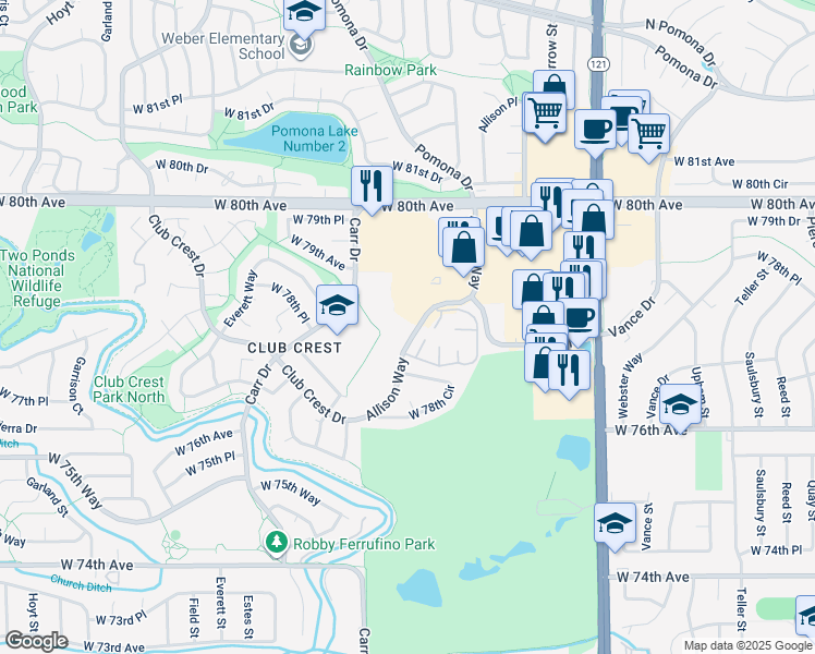 map of restaurants, bars, coffee shops, grocery stores, and more near 7865 Allison Way in Arvada