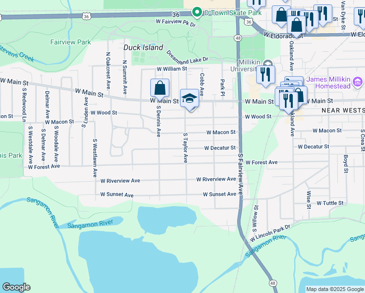 map of restaurants, bars, coffee shops, grocery stores, and more near 1543 West Macon Street in Decatur