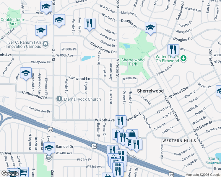 map of restaurants, bars, coffee shops, grocery stores, and more near 1725 Elmwood Lane in Denver
