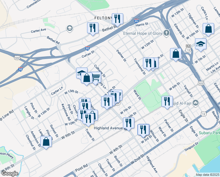 map of restaurants, bars, coffee shops, grocery stores, and more near 1003 Culhane Street in Chester