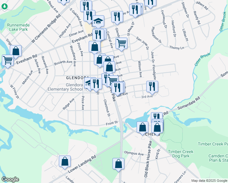 map of restaurants, bars, coffee shops, grocery stores, and more near 418 Black Horse Pike in Glendora