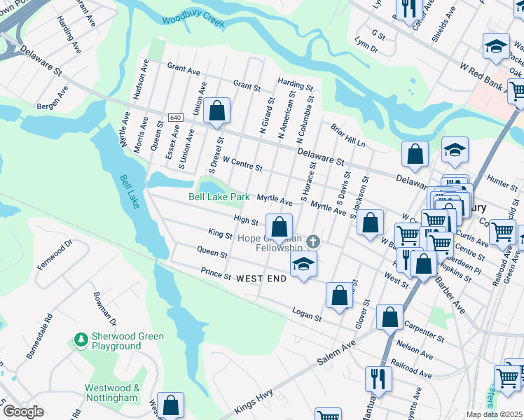 map of restaurants, bars, coffee shops, grocery stores, and more near 431 Myrtle Avenue in Woodbury