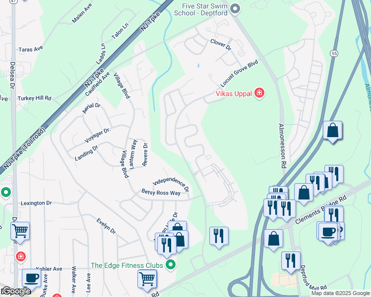 map of restaurants, bars, coffee shops, grocery stores, and more near 203 Chancellor Drive in Deptford Township