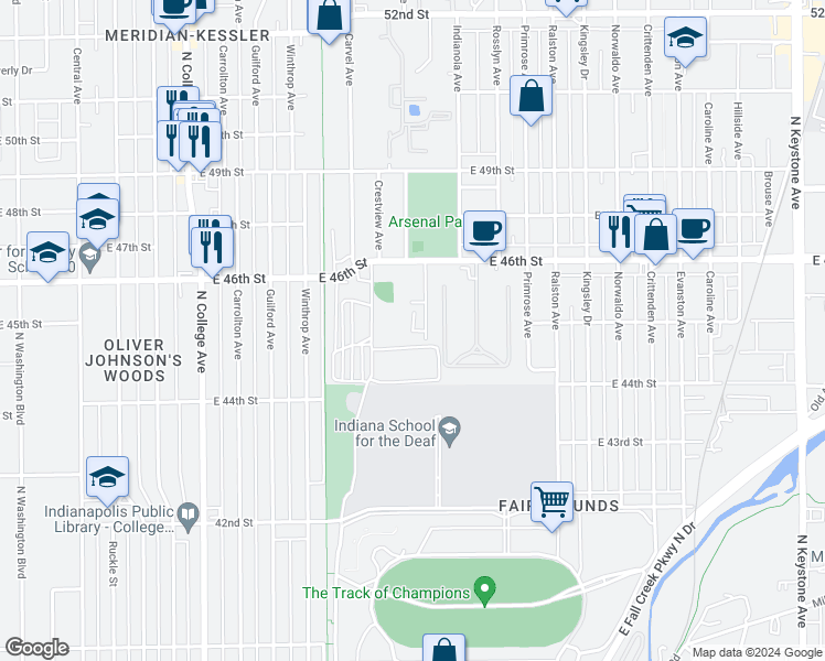 map of restaurants, bars, coffee shops, grocery stores, and more near Indianola Court in Indianapolis