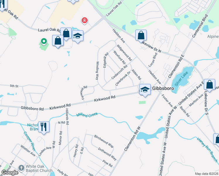 map of restaurants, bars, coffee shops, grocery stores, and more near 35 Cedarcroft Road in Gibbsboro