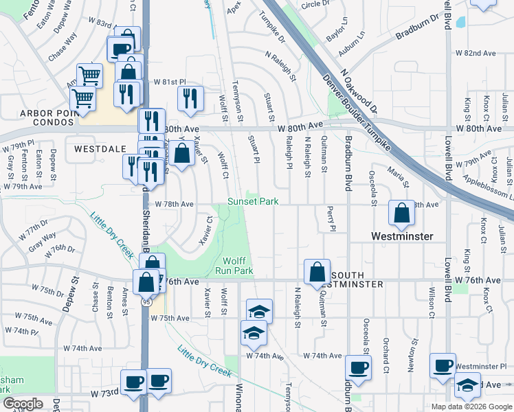 map of restaurants, bars, coffee shops, grocery stores, and more near 4321 West 78th Avenue in Westminster