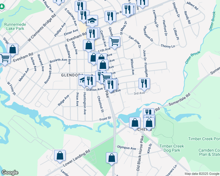 map of restaurants, bars, coffee shops, grocery stores, and more near 25 5th Avenue in Camden County