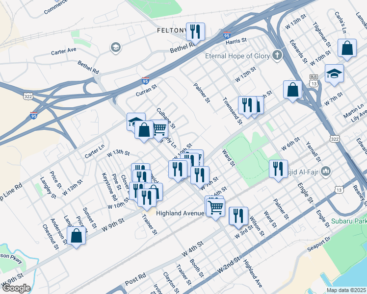 map of restaurants, bars, coffee shops, grocery stores, and more near 1003 Culhane Street in Chester
