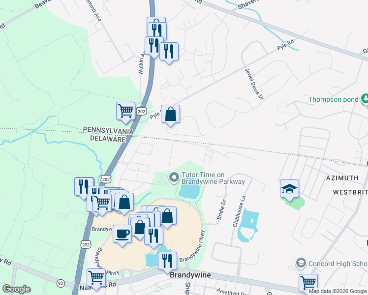 map of restaurants, bars, coffee shops, grocery stores, and more near 139 State Line Road in Wilmington