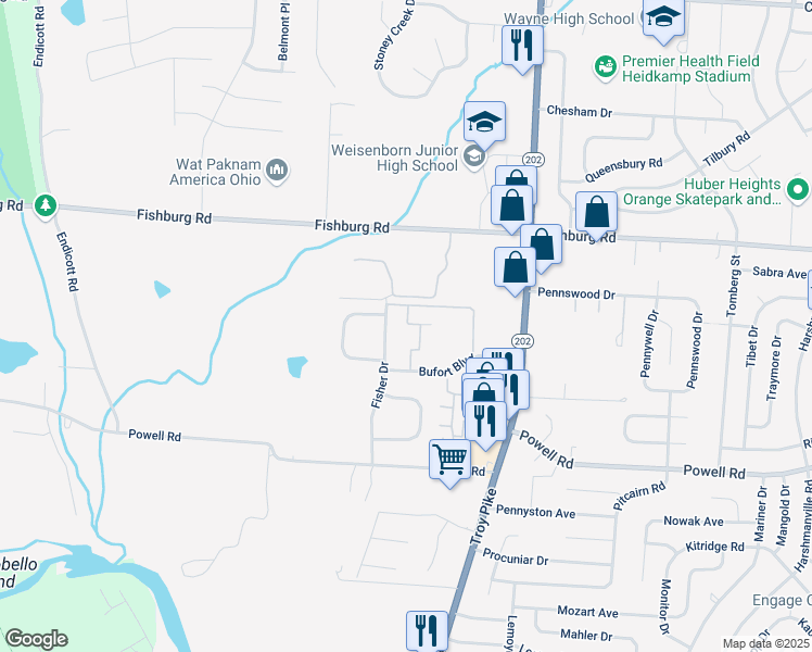 map of restaurants, bars, coffee shops, grocery stores, and more near 5818 Fisher Drive in Dayton
