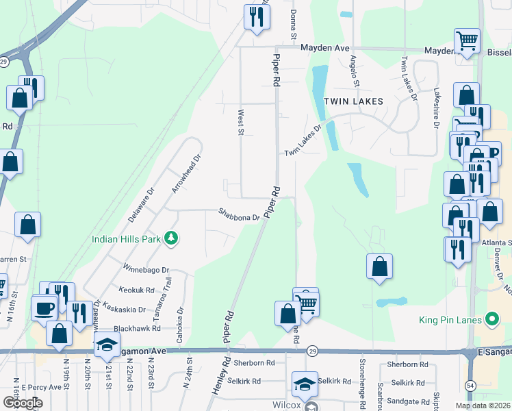 map of restaurants, bars, coffee shops, grocery stores, and more near 101-115 Neil Road in Springfield