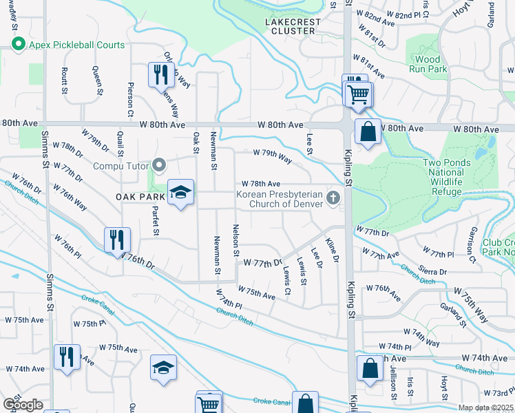 map of restaurants, bars, coffee shops, grocery stores, and more near 10491 West 77th Place in Arvada