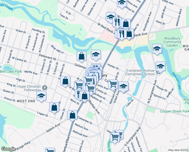 map of restaurants, bars, coffee shops, grocery stores, and more near 33 Delaware Street in Woodbury