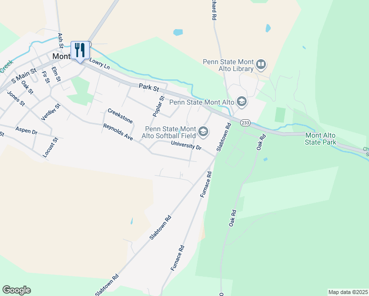 map of restaurants, bars, coffee shops, grocery stores, and more near 218 University Drive in Mont Alto