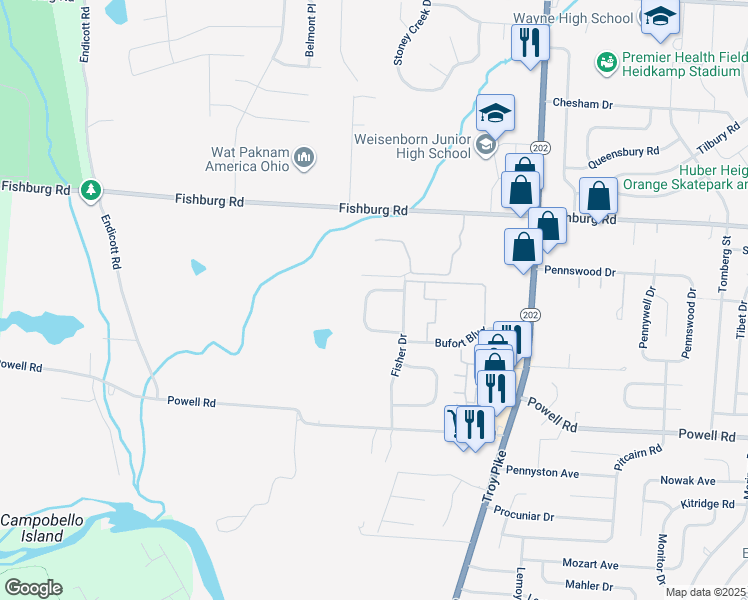map of restaurants, bars, coffee shops, grocery stores, and more near 4621 Waynedale Circle in Dayton