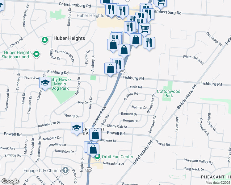 map of restaurants, bars, coffee shops, grocery stores, and more near 5871 Brandt Pike in Dayton