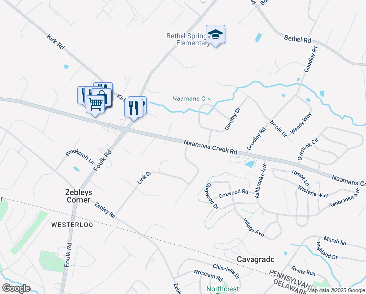 map of restaurants, bars, coffee shops, grocery stores, and more near 1469 Naamans Creek Road in Garnet Valley