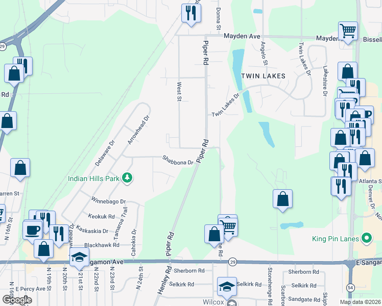 map of restaurants, bars, coffee shops, grocery stores, and more near 101-115 Neil Road in Springfield