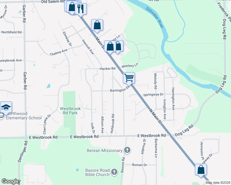map of restaurants, bars, coffee shops, grocery stores, and more near 100 Barrington Drive in Dayton